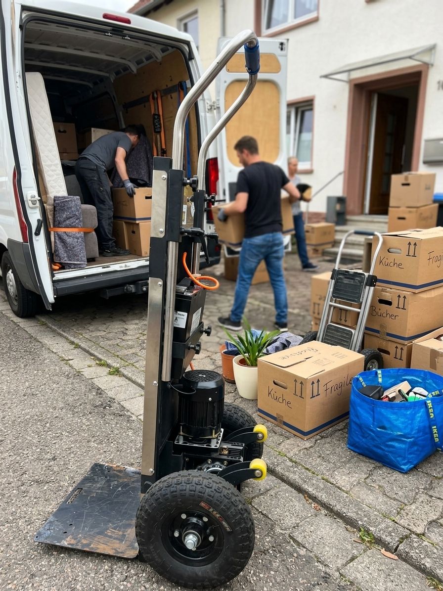 Elektrische Sackkarre beim Umzug vor dem Umzugstransporter