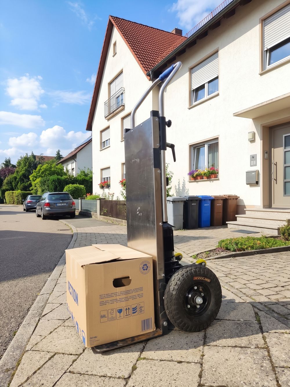 Elektrische Sackkarre mit Karton vor einem Wohnhaus